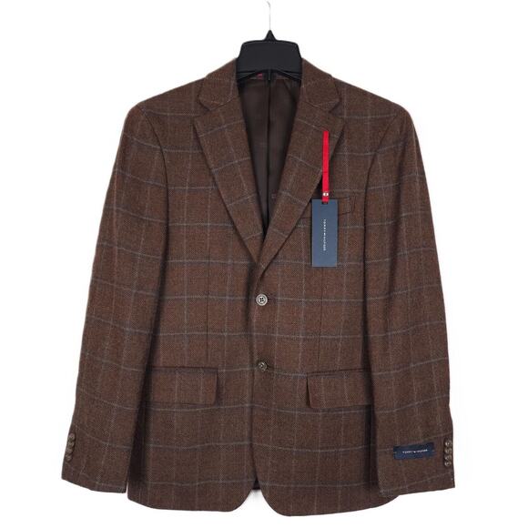 Tommy Hilfiger Men's Modern-Fit Wool Sport Coat Brown Blue Windowpane 36S NWT - Picture 1 of 4